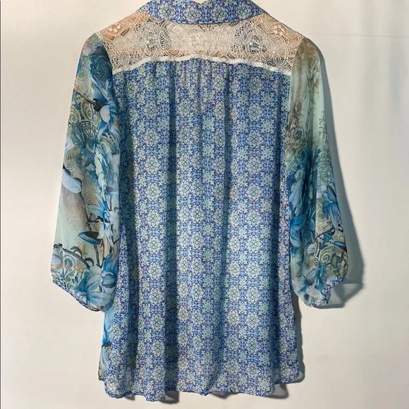 Blue Ruffled Blouse with 3/4 Sleeves - Picture 3 of 7